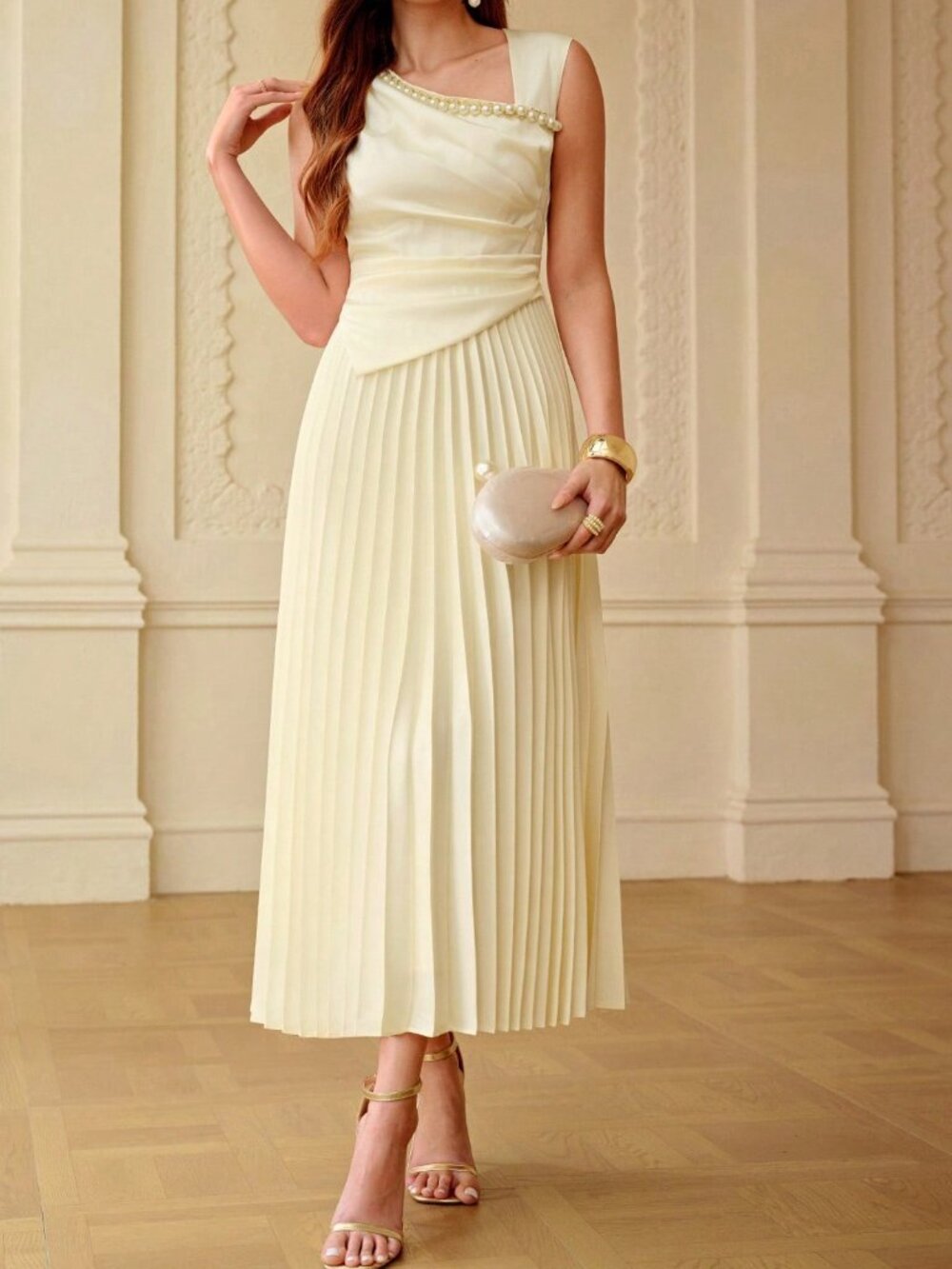 Apricot Elegant Women's Waist Cinching Ruched Pearl Chain Decor Maxi Dress - Picture 3 of 6